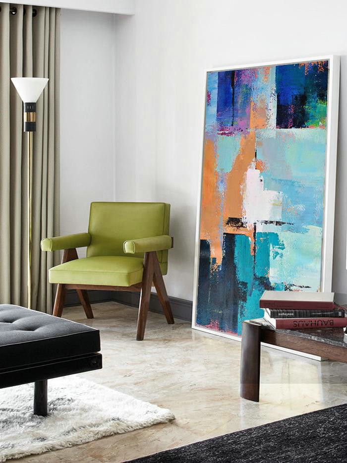 Hand Paint Abstract Painting,Vertical Palette Knife Contemporary Art,Big Art Canvas,White,Earthy Yellow,Blue,Black,Lake Blue.etc